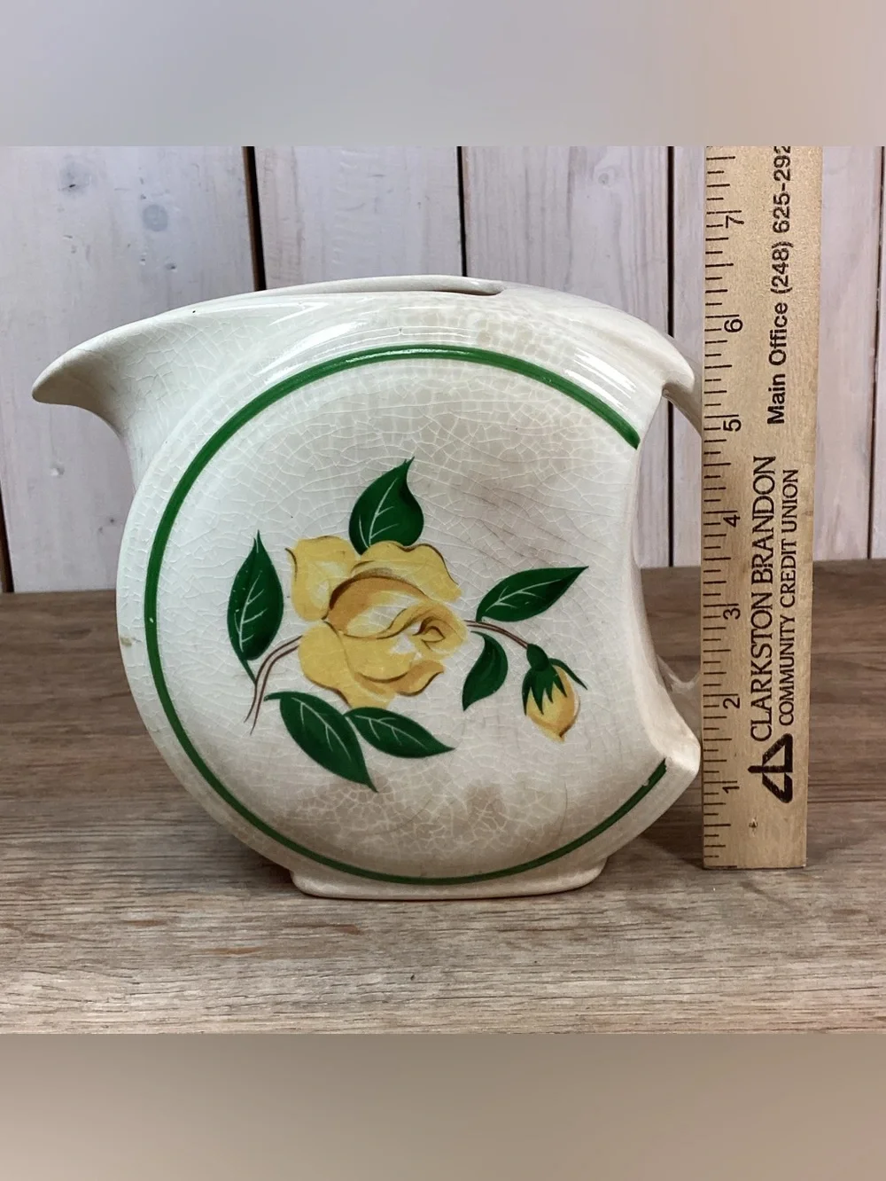 Stained & Crazed Vintage Yellow Rose Disc Pitcher